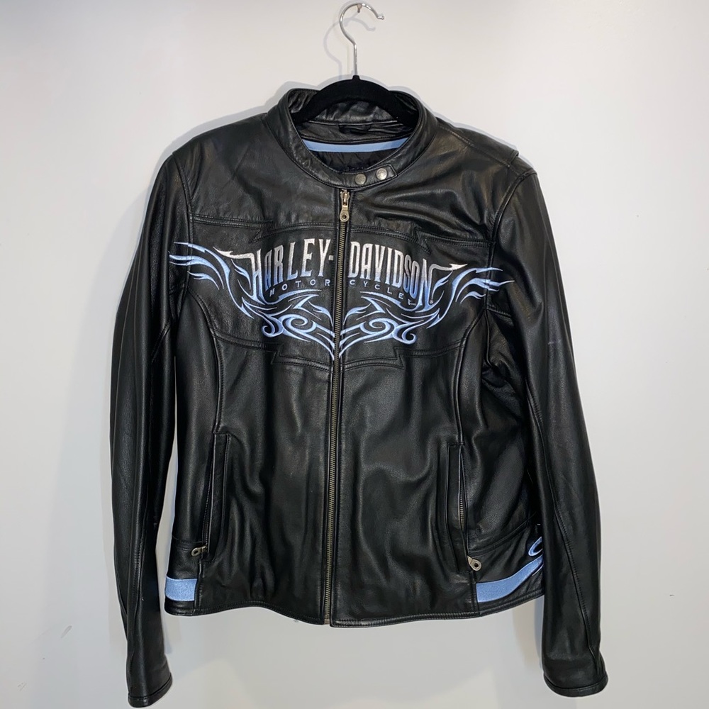 Black and blue leather Harley-Davidson jacket